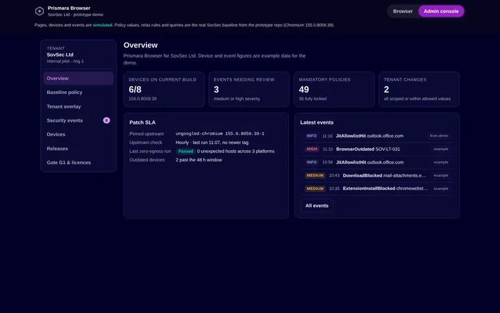 Admin console: baseline policies, patch SLA and security events