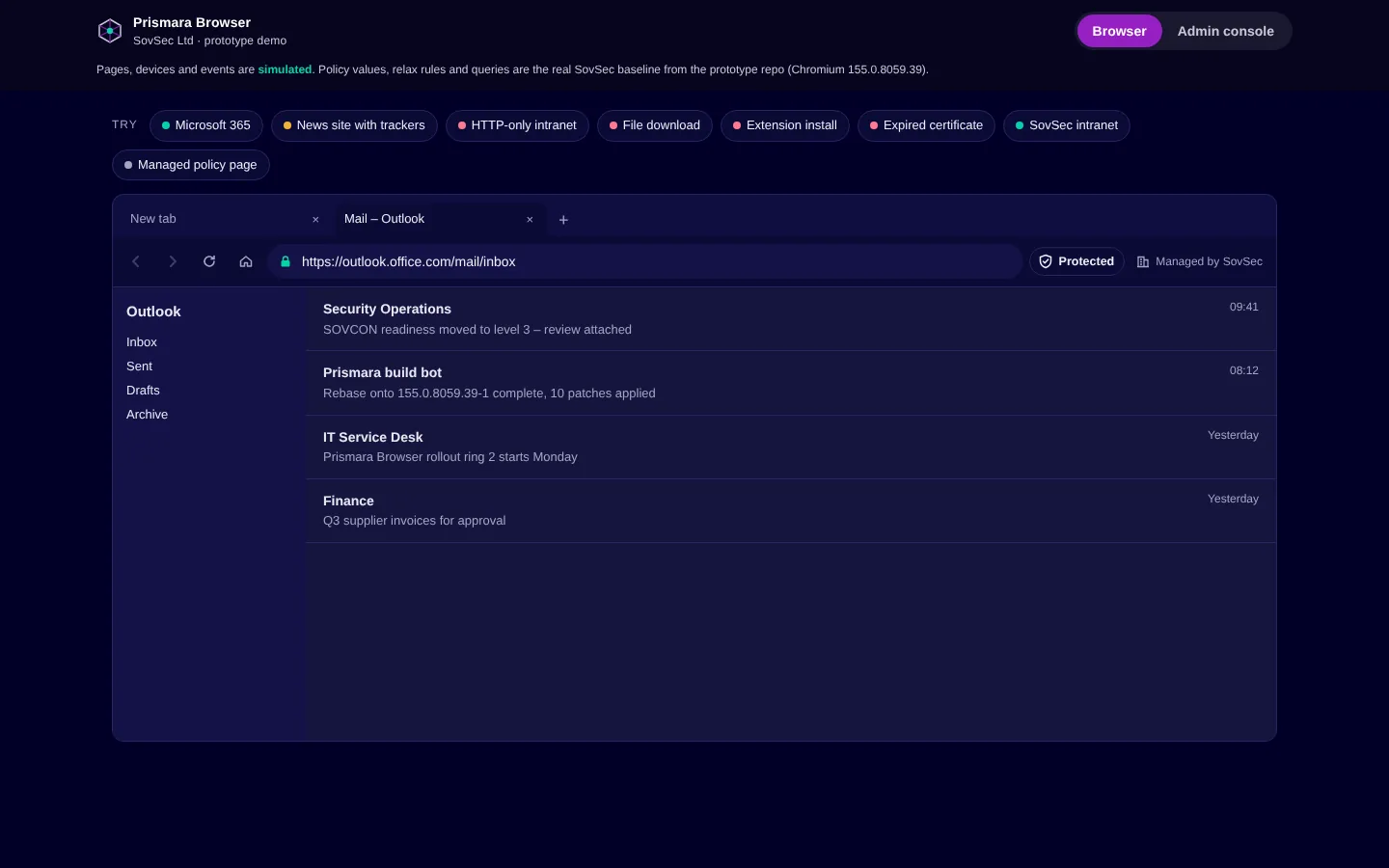Prismara Browser with a managed, protected session