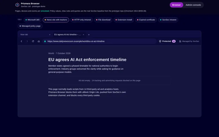 Trackers and advertising blocked by SovSec policy