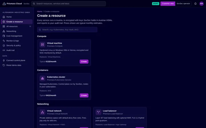 Create a resource, with live monthly pricing